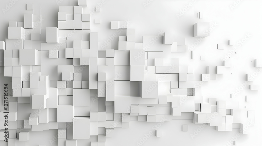 Poster abstract composition of white cubes creating a modern, dynamic background for design use