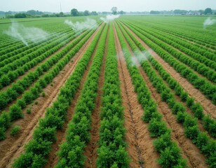 Irrigated Green Basil Crop Rows Under Mist Sprinklers