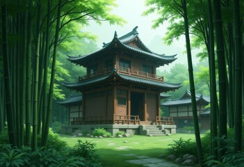 Fototapeta premium Japanese temple amidst bamboo forest landscape