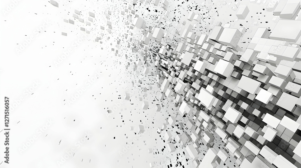 Poster abstract representation of dynamic movement with scattered cubes in a minimalist white space