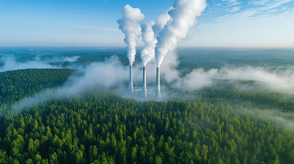 Aerial view of low emission power plant with tall chimneys emitting steam, surrounded by dense green forest under clear blue sky