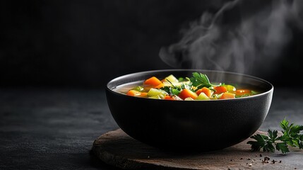 Steaming bowl of healthy vegetable soup cozy kitchen culinary delight inviting atmosphere close-up view nourishing comfort food