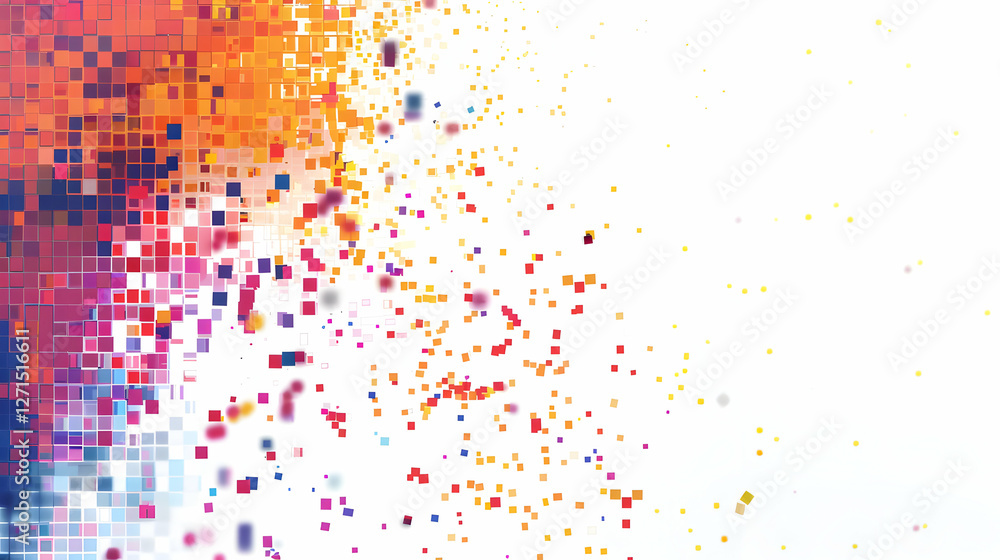 Poster colorful abstract pixelated background with vibrant splashes of color and a clean white space
