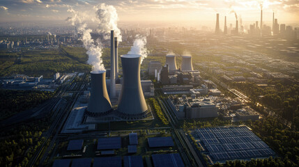 low emission power plant with cooling towers, solar panels, and cityscape in background, emphasizing renewable energy integration