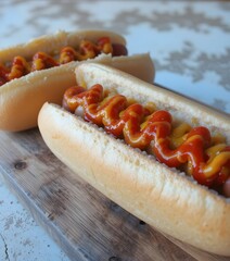 Gourmet Hot Dogs with Mustard  Ketchup  Pickles Crispy Onions  and Fresh Herbs Served on a Soft Bun with Classic Condiments 