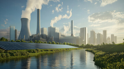modern power plant with renewable energy integration, featuring solar panels, cooling towers, and natural landscape by river under sunny sky