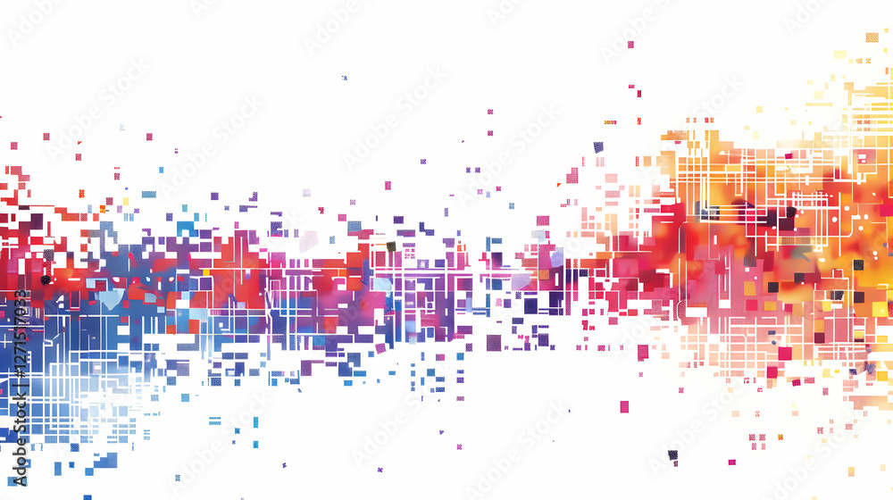 Poster abstract colorful digital pattern with vibrant pixelated design on a white background