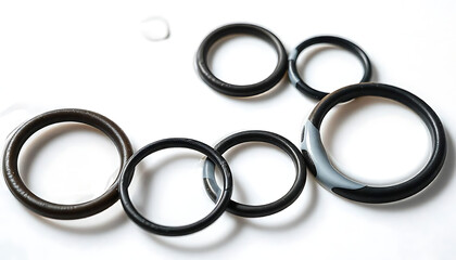 Close-Up of Car O-Rings and Rubber Seals on Clean White Surface, High-Quality O-Rings and Rubber Seals for Cars on White Background