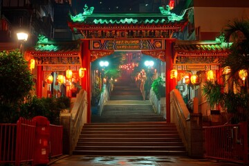 Fototapeta premium Traditional chinese gate illuminating stairway at night in hong kong
