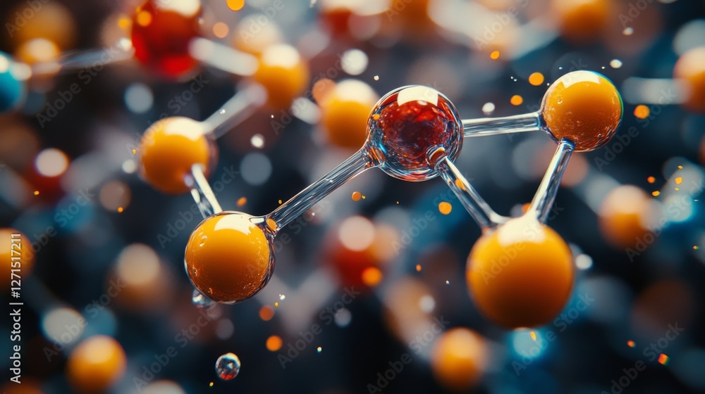 Poster abstract 3d rendering of a molecule structure with colorful spheres and connecting rods, depicting s