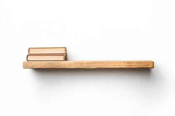 wooden bookshelf with three books on white background, minimalistic and elegant.