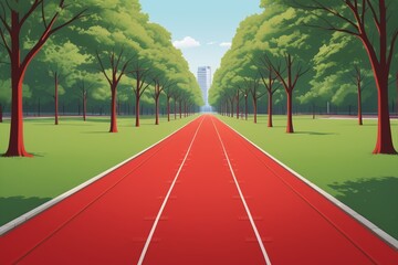 there is a red track running through a park with trees
