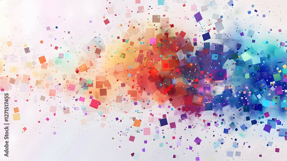 Poster abstract colorful pattern of scattered squares with vibrant hues and soft background
