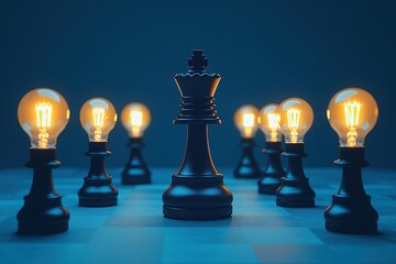 Illuminated Pawn Chess Pieces Surrounding Black King on Chessboard