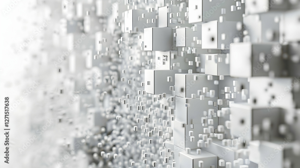 Poster abstract representation of dynamic white cubes creating a 3d visual effect with depth