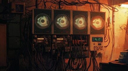 Intricate Network of Technological Systems in a Dark Room.  A mesmerizing display of glowing circuits and complex machinery.  A captivating exploration of advanced technology and its inner workings.