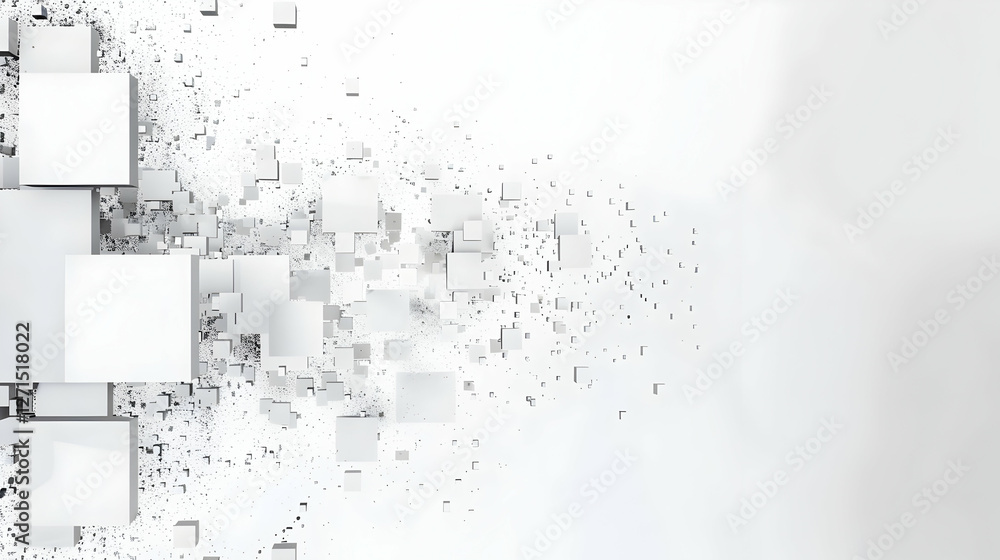 Poster abstract composition of floating white cubes creating a dynamic visual effect on a light backdrop