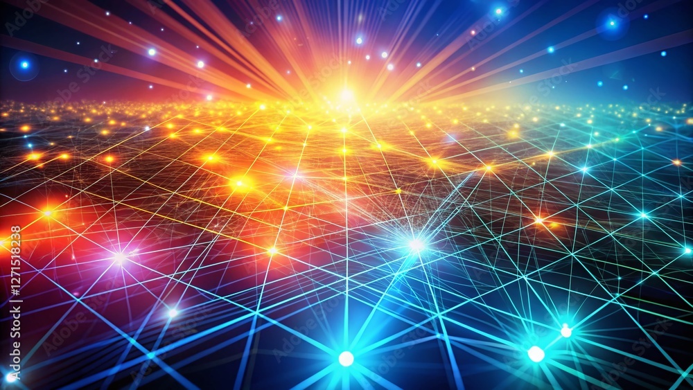 Poster abstract technology background: glowing network grid with gradient and scattered points