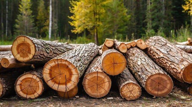 Wooden natural logs chopped round logs of firewood. Pile of wood logs ready for winter. Logging timber wood industry. Log background, wooden background. Alternative sources of heat, heating with wood.