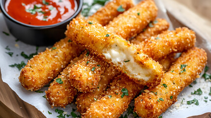 Cheese-filled mozzarella sticks with crispy breadcrumbs, parmesan, and a creamy garlic dipping sauce.