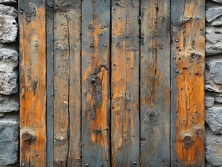 Fototapeta premium Close-Up of Weathered Wooden Planks with a Rustic Stone Wall Background