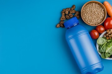 A minimalist representation of a water bottle and healthy food, symbolizing balanced fitness nutrition