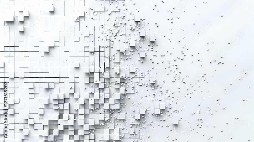Poster abstract digital landscape with fragmented patterns and scattered elements against a light backgroun