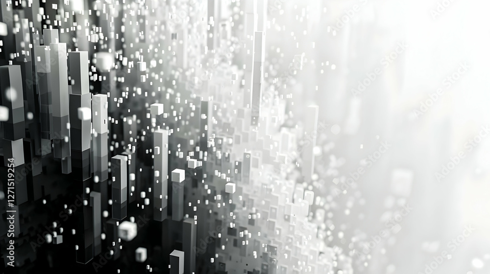 Poster abstract representation of digital data flow with vertical bars and particles in monochrome tones