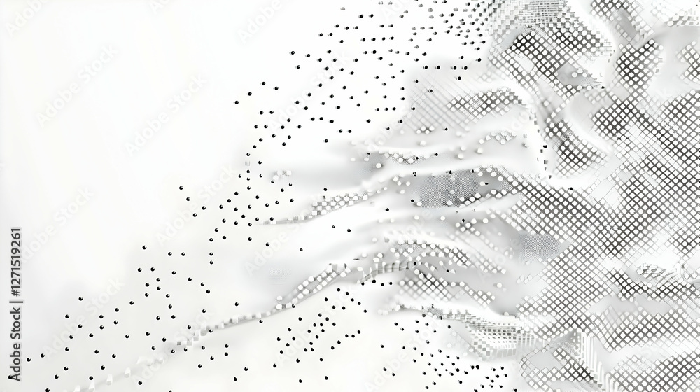 Poster abstract white background with scattered black dots and flowing textured patterns, ideal for design