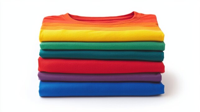 Stack colored t-shirts on a white background, vibrant hues.