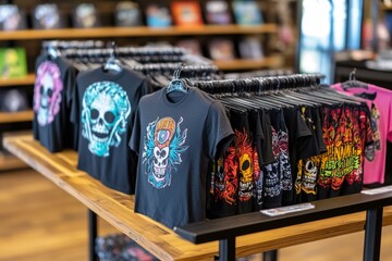 A music concert merchandise stand displaying artist-themed t-shirts, posters, and CDs