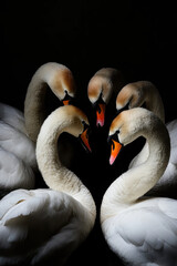 Fototapeta premium A group of swans arranged in a circular formation on dark background
