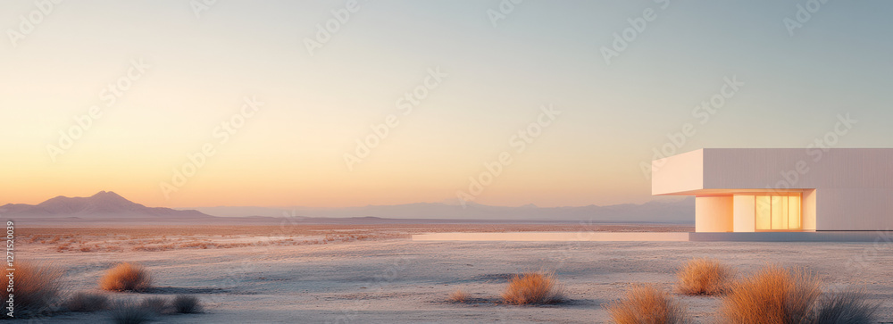 Aufkleber minimalist white building in serene desert landscape at sunset, with soft light reflecting on ground