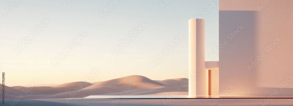 Aufkleber minimalist architectural structure in serene desert landscape during sunset, featuring soft light an