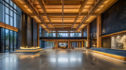 Fototapeta premium Modern lobby with wooden accents, large windows, and a cozy fireplace.