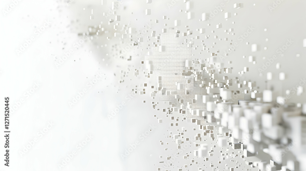 Poster abstract representation of a digital landscape with floating cubes creating a sense of depth