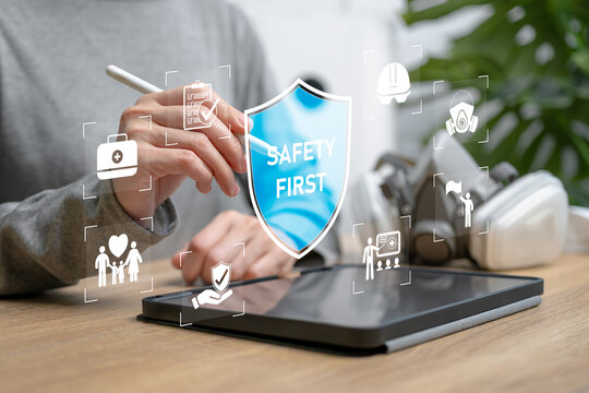 Safety, Health, and Occupational Health Awareness Concept, Women use tablets and Innovative Digital Security Protection, Healthcare, Rick, Safety, protection, Protective equipment, checklist,Security