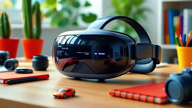 Modern workspace featuring a virtual reality headset on a desk surrounded by vibrant plants and tech items