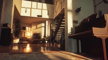 Fototapeta premium Sunlit Modern Living Room with Grand Piano
