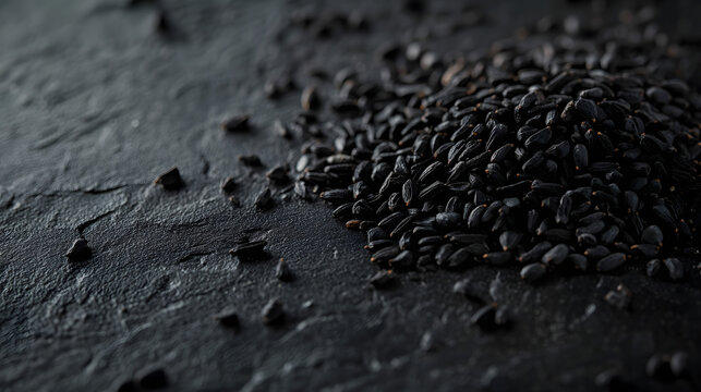 Close-up of black cumin seeds on a dark surface, showcasing their deep black color and unique texture.