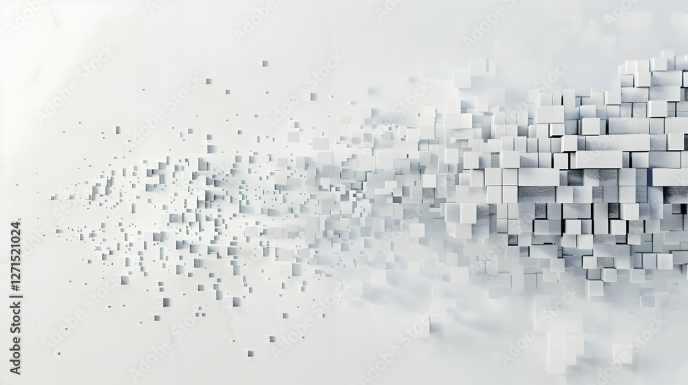 Poster abstract representation of fragmented cubes dispersing into space, showcasing motion and depth