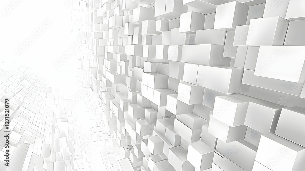 Poster abstract white geometric background with layered cubes creating depth and light effects