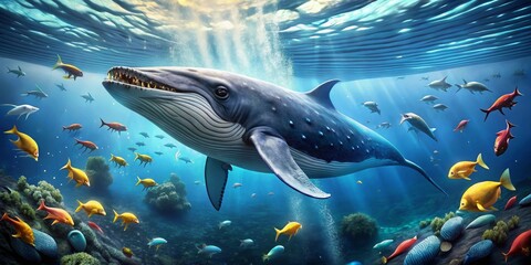 Fototapeta premium A Majestic Whale Surrounded by a Vibrant Underwater Ecosystem of Colorful Fish and Coral
