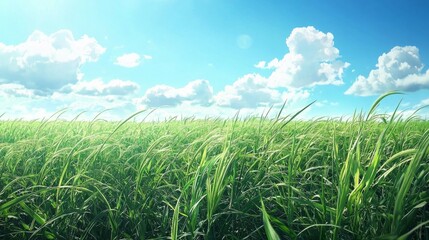 Obraz premium Lush Green Grass Field Under Bright Blue Sky with Fluffy Clouds