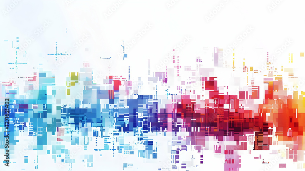 Poster Abstract colorful digital art with vibrant pixelated patterns and soft gradient background