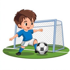 Fototapeta premium cartoon-style illustration of a boy playing soccer. kicking the ball towards a goal. 