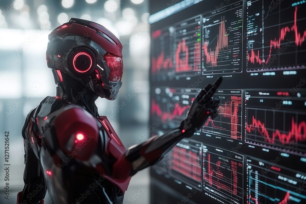 Poster a futuristic robot interacts with digital data displays, showcasing advanced analytics and technolog