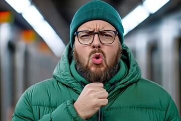A person coughing in a crowded subway, illustrating how diseases spread in public places