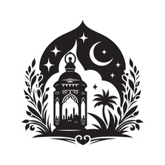 lantern Ramadan Silhouette Vector Illustration, Solid White Background.