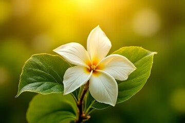 Delicate White Flower in Sunlight with Lush Green Leaves